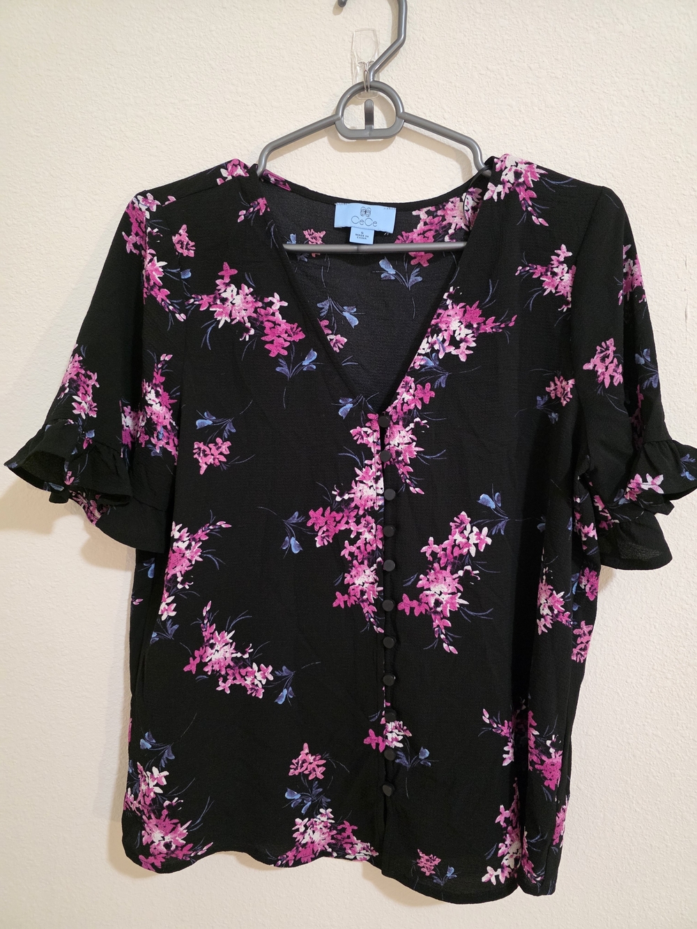 CeCe Black Blouse with Pink Floral Print